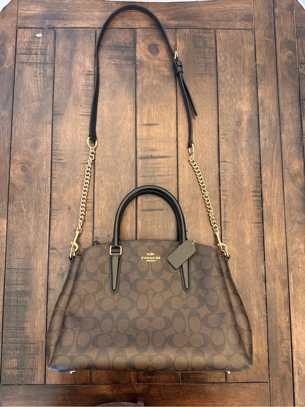 Coach Brown Signature Leather Gold Chain Purse Shoulder Bag F29683 Medium - Picture 3 of 15